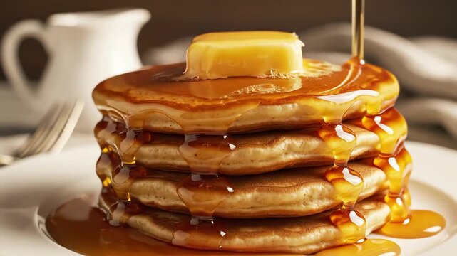 Stack of pancakes with syrup dripping on a white plate