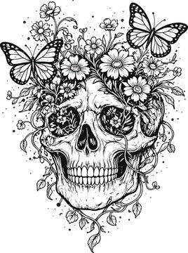 Intricate Floral Skull Illustration with Butterflies &ndash; Dark Gothic Botanical Line Art Design