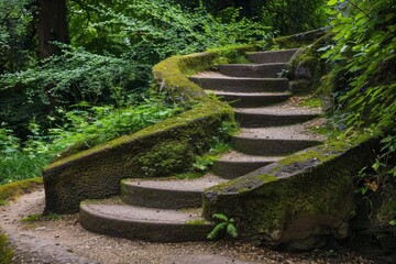 Fototapeta premium Stone steps covered in vibrant green moss create a picturesque pathway, inviting exploration deeper into the tranquil woodland