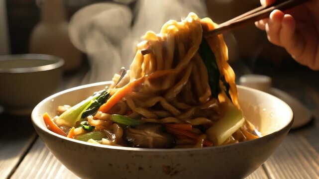 Steaming bowl of noodles with chopsticks on tabletop close up