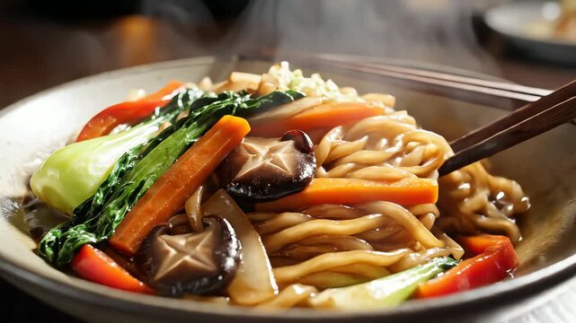 Steaming bowl of noodles with vegetables in a dim setting ready to eat