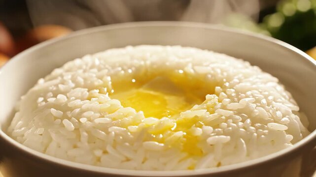 Steaming rice with butter square macro close up on white bowl