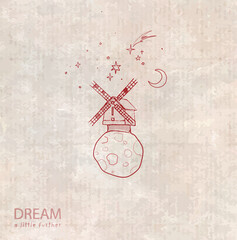 Whimsical windmill on tiny planet with stars, moon, shooting star on vintage background. Hand-drawn doodle vector for inspirational designs. © elinacious