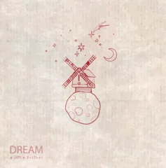 Whimsical windmill on tiny planet with stars, moon, shooting star on vintage background. Hand-drawn doodle vector for inspirational designs. © elinacious