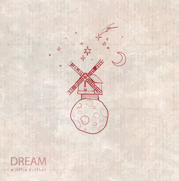 Whimsical windmill on tiny planet with stars, moon, shooting star on vintage background. Hand-drawn doodle vector for inspirational designs.