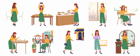 Flat Style Diverse Poses Woman Character in Different Activity Illustration Set