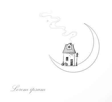 Hand-drawn cozy house inside crescent moon with bicycle, lantern and chimney smoke. Dreamy doodle style vector illustration for greeting cards, posters and night sky designs