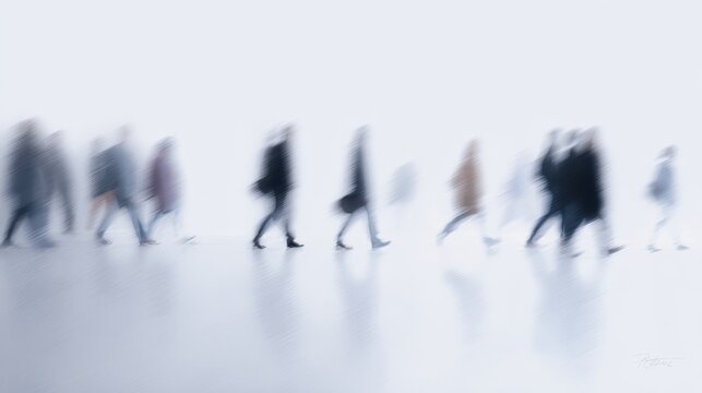 diverse people walking in row with motion blur on white background, urban life fast paced world concept