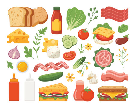 Assorted ingredients and components for making various sandwiches and meals