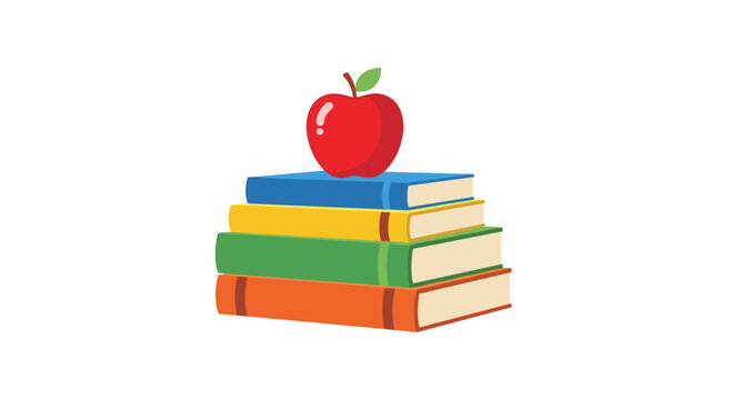 A vibrant stack of five colorful books is topped with a single bright red apple featuring a green leaf on a plain white background.