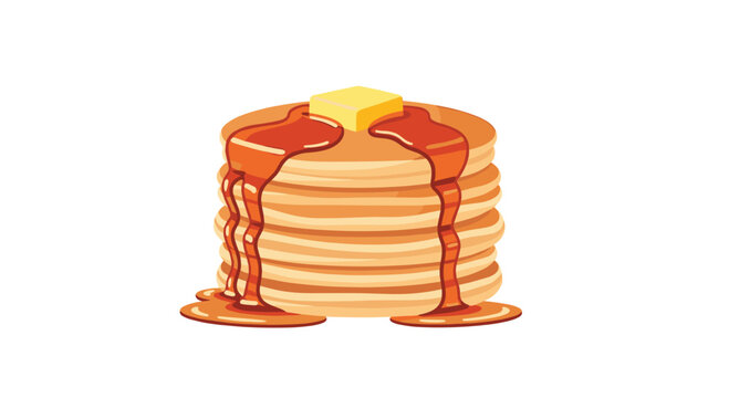 A tall stack of eight golden-brown pancakes is generously drizzled with amber maple syrup and topped with a melting square of yellow butter.