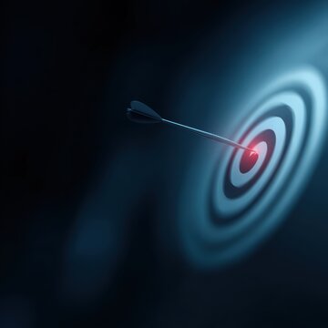 dart hitting bullseye with glowing effect, precision and goal achievement business concept, dark blue background