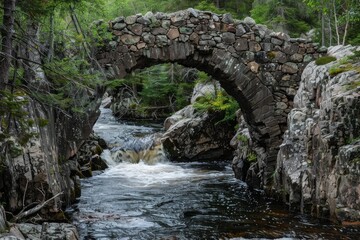 Naklejka premium Scenic view of an ancient stone bridge arching over a rushing river amidst a lush green forest