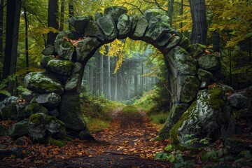 Fototapeta premium Enchanting autumn forest scene featuring a mossy stone archway framing a path leading into a misty woodland