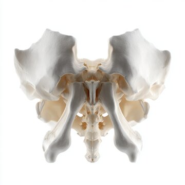 detailed anatomical view of human pelvis and hip bones isolated on white background, orthopedic reference image