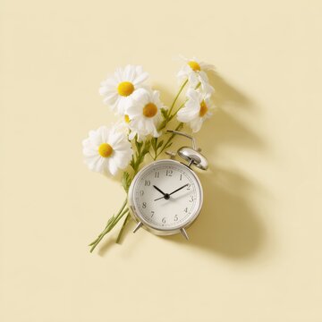 Summer time concept with clock and chamomile flowers on pastel background