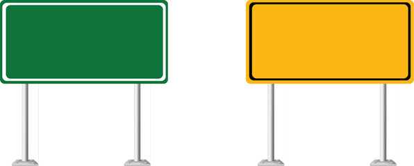 Two road signs, green and yellow, standing upright on thin metal poles against a clear backdrop © The Shot Hub