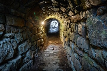 Fototapeta premium Mysterious narrow stone tunnel with rough walls and a light at the end, creating a sense of adventure and discovery