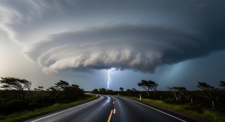 Dramatic storm clouds over road with lightning strikes daytime landscape