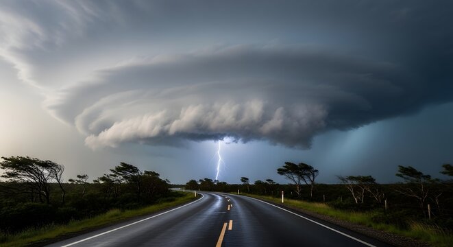 Dramatic storm clouds over road with lightning strikes daytime landscape