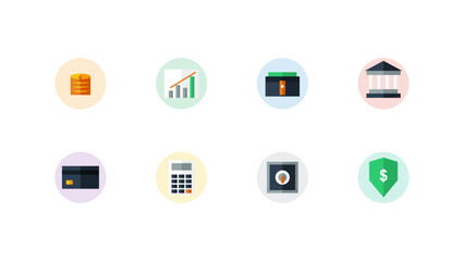Finance icons vector set for business banking payment investment. Includes money coins, graph chart growth, wallet, bank office, credit card, calculator, safe vault, and security shield symbols.