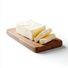 Wooden board with cut block of butter isolated on white background, dairy product, rustic style