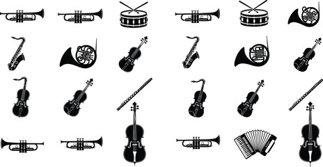 Musical instrument icon set featuring trumpet drum violin saxophone flute accordion and cello silhouettes for classical orchestra and jazz band designs © Mst