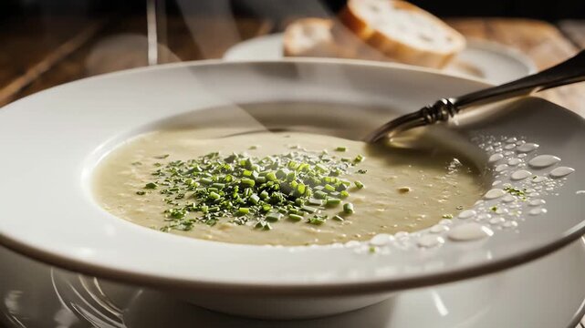 Creamy soup in white bowl with garnish and bread