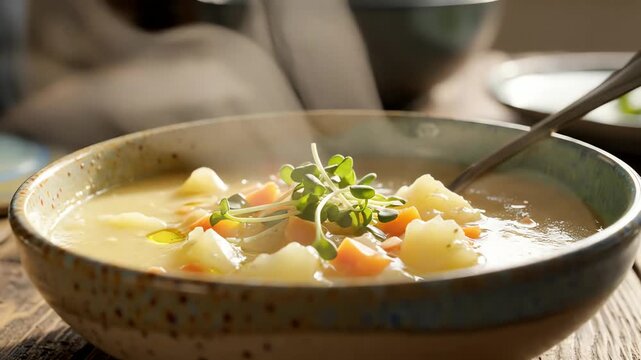 Steaming vegetable soup in rustic bowl on wooden table close up
