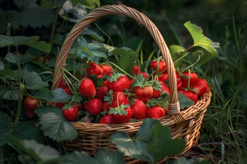 Ripe, red strawberries spilling from a wicker basket nestled among the vibrant green leaves of a strawberry patch