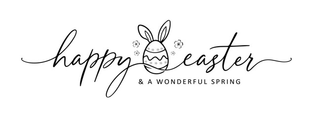 Happy Easter and a wonderful spring logo with elegant script typography and egg illustration, for easter greeting card, easter banner, E-mail signature, printable, isolated on white background © AFRAN STUDIO