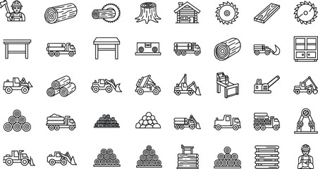 Logging industry icons, lumberjack tools, forestry equipment, wood processing, sawmill building, timber transport, chainsaw symbol, log cabin, wooden planks, tree stumps © Jamal