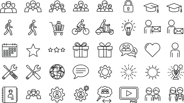 Line icons, people symbols, communication tools, education graphics, technology visuals, teamwork elements, user interface, activity icons, profile design, productivity