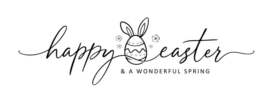Happy Easter and a wonderful spring logo with elegant script typography and egg illustration, for easter greeting card, easter banner, E-mail signature, printable, isolated on white background