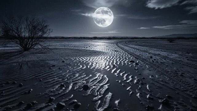 Full moon illuminating a tranquil and mysterious textured beach at night, with light reflecting on the wet sand and a dark cloudy sky.