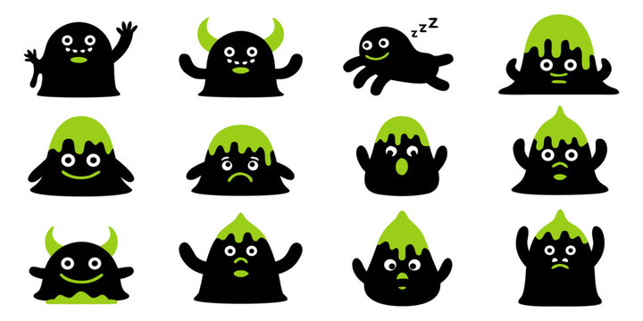 Various cartoon creatures in different poses and expressions, showcasing diverse emotions and actions in a playful illustration