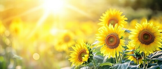 Obraz premium A wide field of bright yellow sunflowers. Natural landscape, banner, bokeh