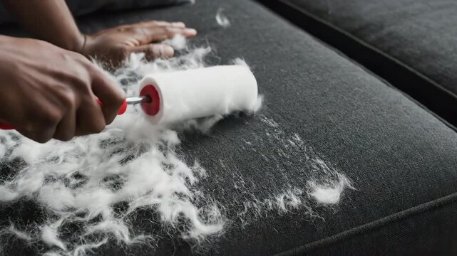 Person cleaning sofa with lint roller, domestic chore.