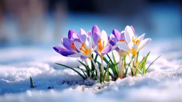 Spring snow ice thaw, end of Winter Season, hope, fresh start. A vibrant display of purple and white crocuses nestled in the snow.