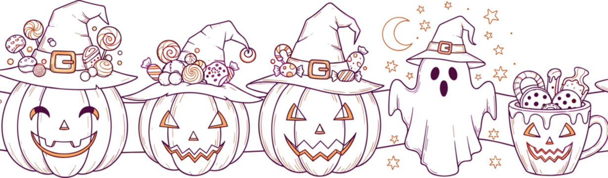 Halloween banner featuring hand drawn jack o lantern pumpkins with witch hats, spooky ghost, and hot cocoa with monster cookies.