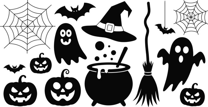 Halloween vector illustration, spooky silhouette design, festive holiday art, haunted decoration graphics, bats ghosts pumpkins flat vector illustration