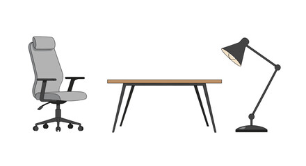 Fototapeta premium A modern office setup with a gray chair wooden desk and black lamp, Generative AI.