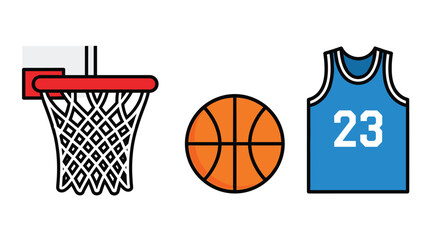 Vector illustration of basketball hoop ball and jersey number 23 sports equipment icons, Generative AI.