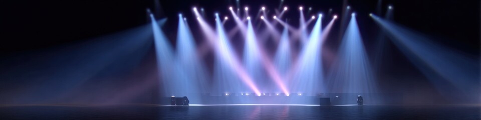 Naklejka premium Empty concert stage with colorful spotlights and atmospheric fog at night panoramic view of illuminated performance stage