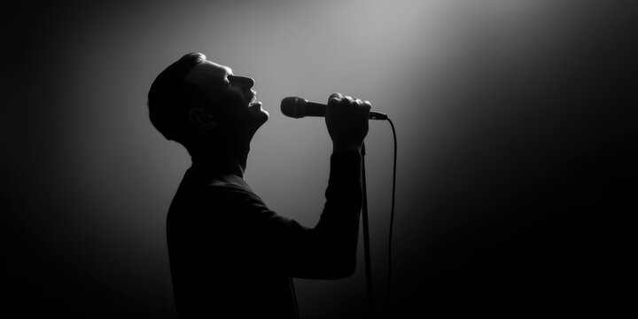 Male adult singer silhouette with microphone in moody backlit spotlight performing passionately on stage conveying intensity and vocal projection