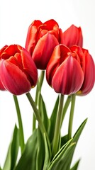 Fototapeta premium Bouquet of red tulip flowers isolated on white background. Banner, bokeh.