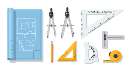 A collection of various drafting and drawing tools on a including a blueprint compasses pencil triangle and other equipment for architects and engineers, Generative AI.