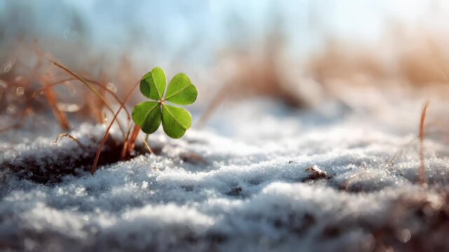 Spring snow ice thaw, end of Winter Season, hope, fresh start. A four leaf clover in the snow, its vibrant green leaves contrasting against the white backdrop. The snow is pristine and untouched.