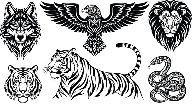 Wild animal tattoo vector set featuring wolf eagle lion tiger snake detailed illustrations, flat vector illustration