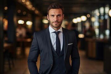Fototapeta premium Businessman in a formal suit posing confidently in a stylish interior
